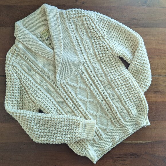 Falcarraugh Classic Irish Wool Shawl Collar Warm Winter Cable Knit Sweater L - Picture 1 of 8